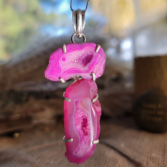 Pink Agate Geode Pendant Sterling Silver, Handmade Boho Crystal Necklace - Picture 7 of 10
